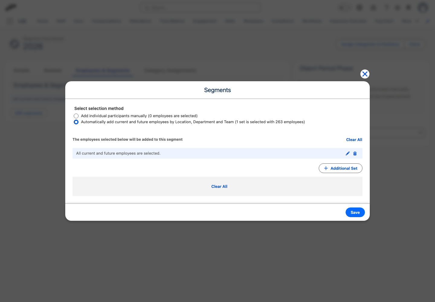 The Segments dialog of an Objective Time Period, with the default set selecting all current and future employees