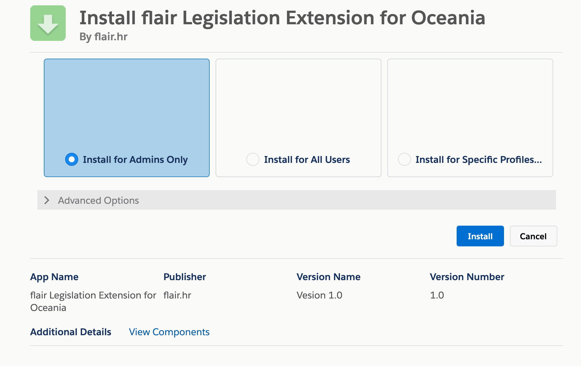 Oceania extension package installation options in Salesforce