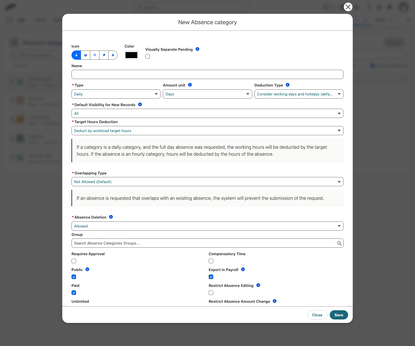 The absence category form with the Compensatory Time checkbox