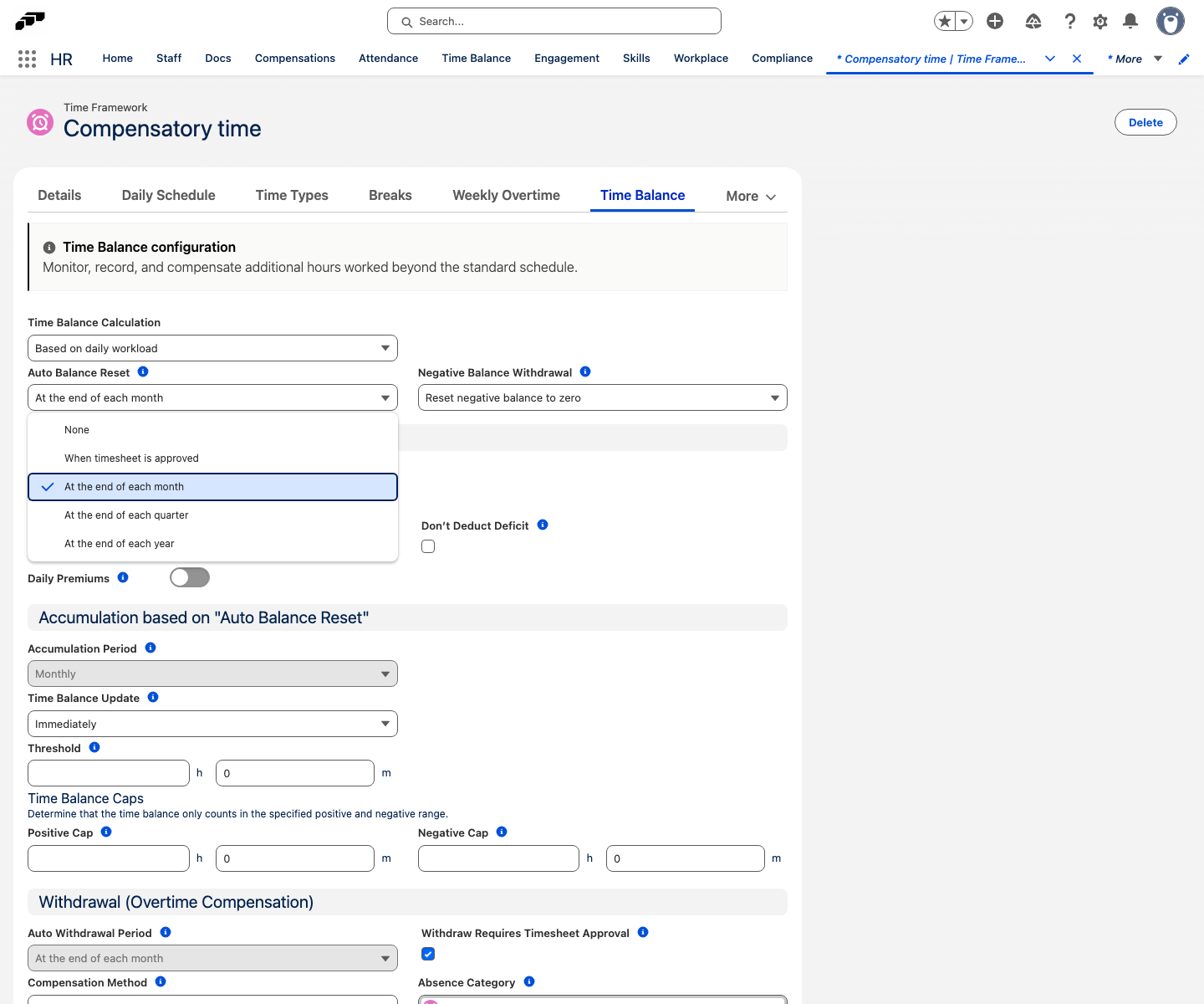 The Auto Balance Reset dropdown open on the Time Balance tab of a Time Framework