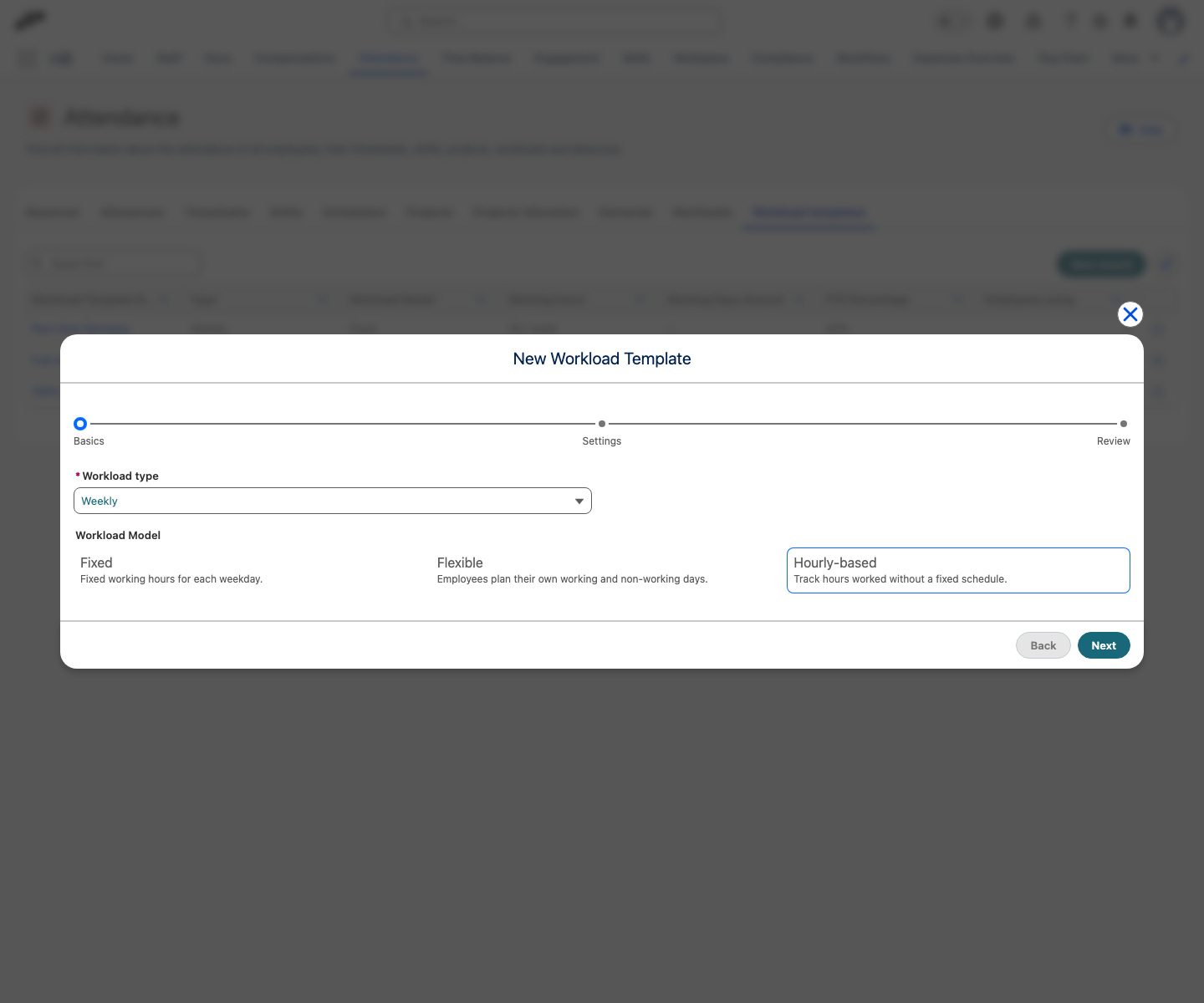 The New Workload Template dialog with the Hourly-based workload model selected