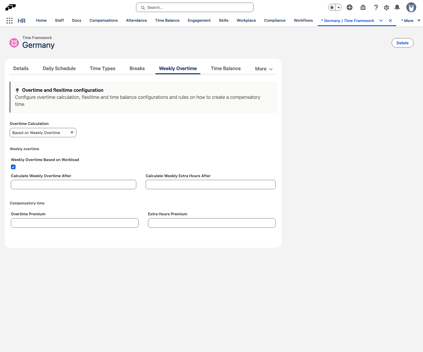 The Weekly Overtime tab of a Time Framework with Based on Weekly Overtime selected