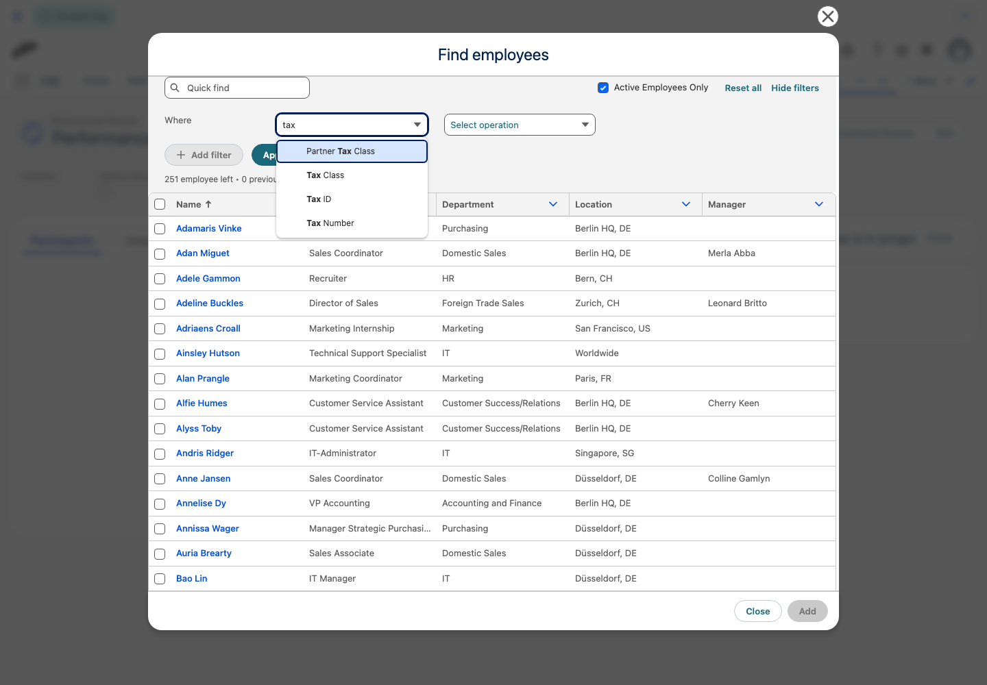 The Find employees dialog with filters shown and the field picker narrowed to Employee fields that match tax
