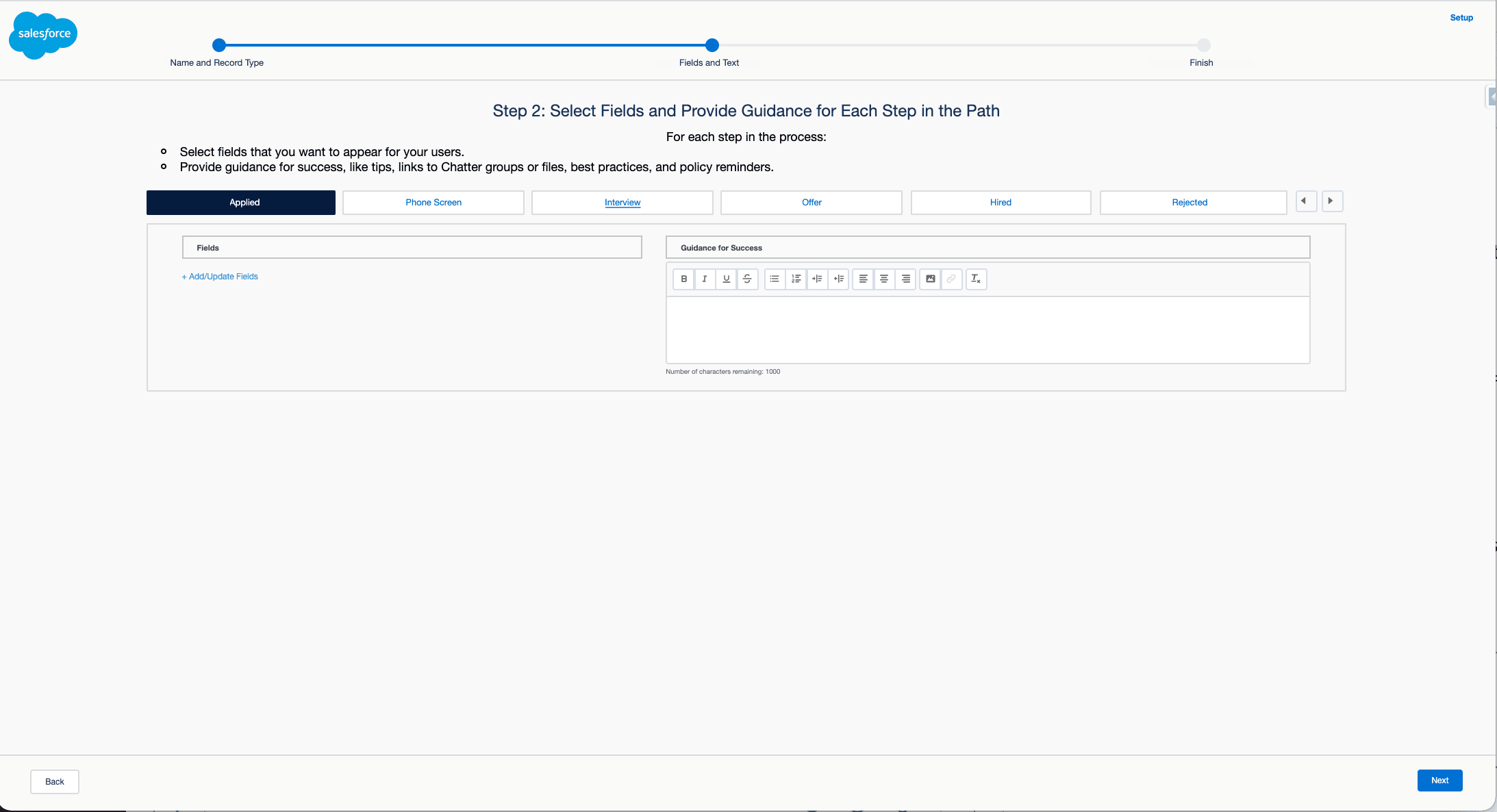Fields and guidance configured for a Candidate Path stage