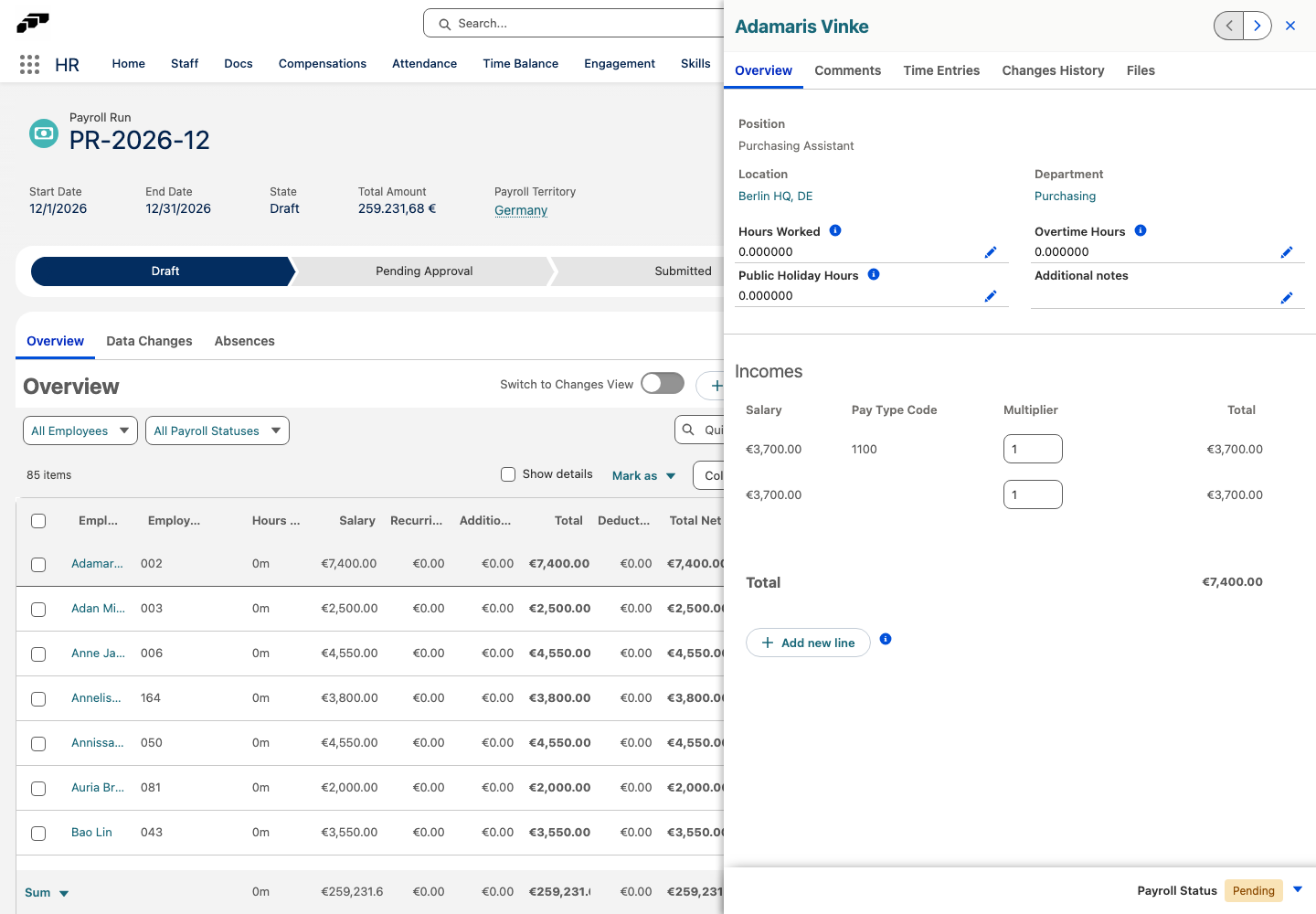 An employee's panel in a December Payroll Run with two Salary lines: the regular salary and the extra salary with its own Pay Type Code