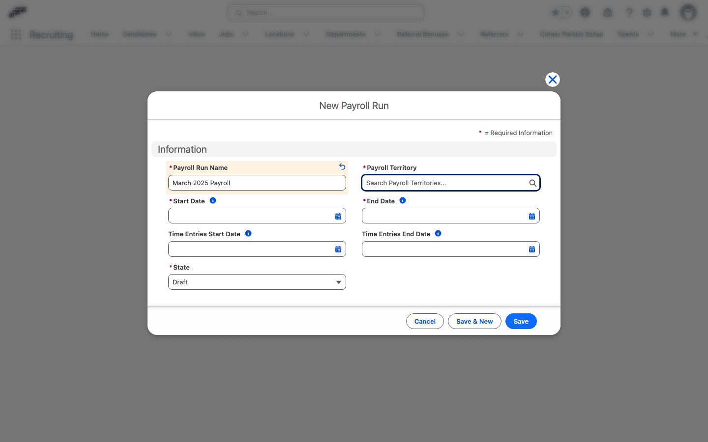 New Payroll Run form in Salesforce