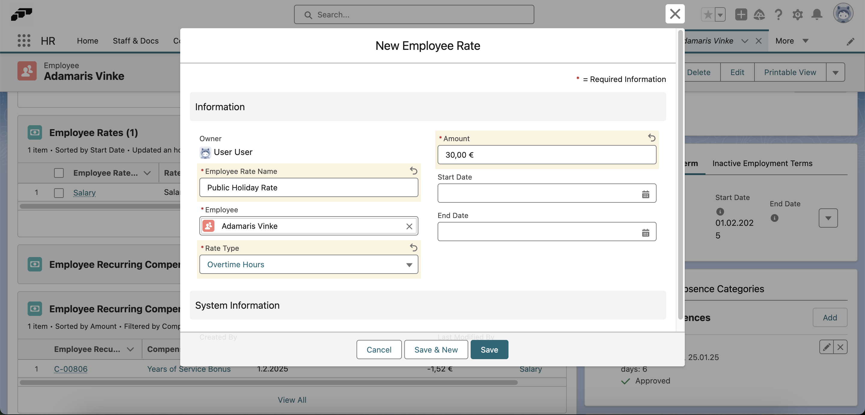Create a new employee rate