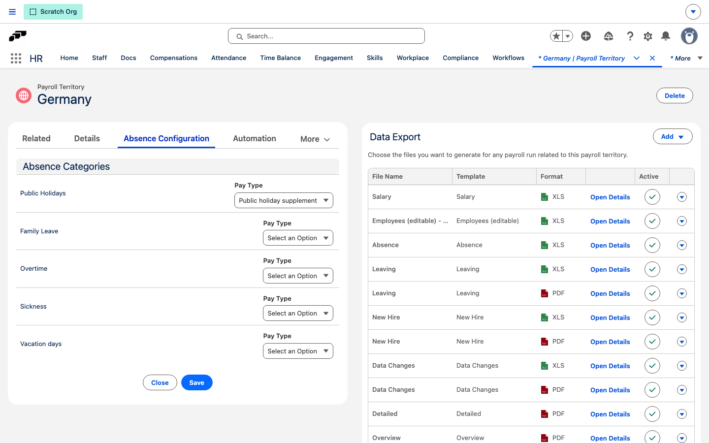 The Absence Configuration tab of a Payroll Territory with a Pay Type field next to Public Holidays and each absence category