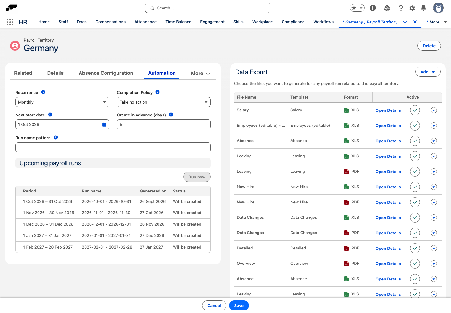 The Automation tab of a Payroll Territory with Recurrence set to Monthly, a Next start date, Create in advance (days), Run name pattern, Completion Policy, and the Upcoming payroll runs preview