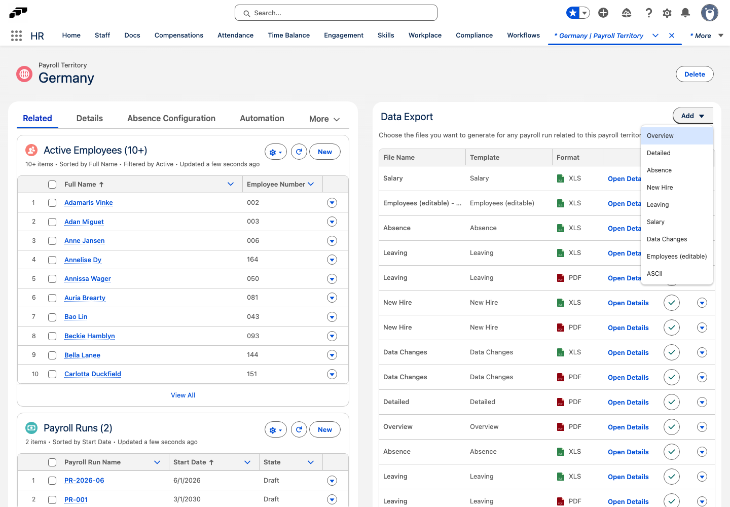 The Data Export card on a Payroll Territory with the Add menu open and the configured export files