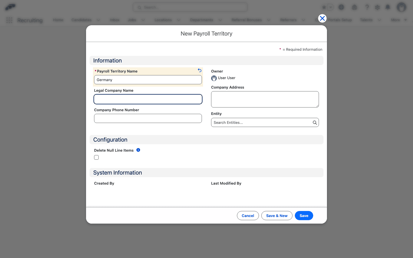 New Payroll Territory form in Salesforce