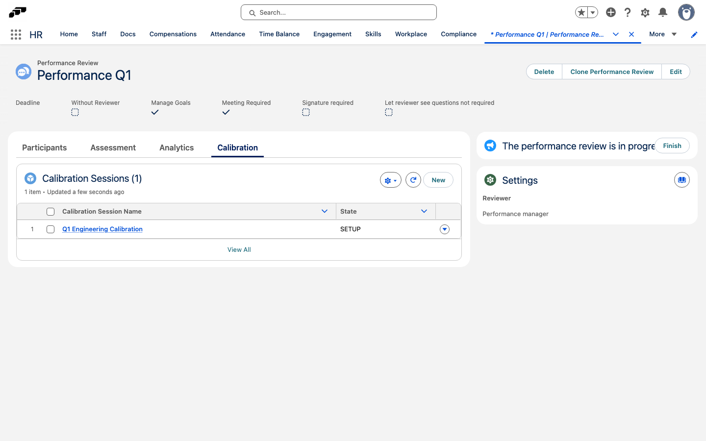 Calibration tab on a Performance Review record with the Calibration Sessions list and the New button