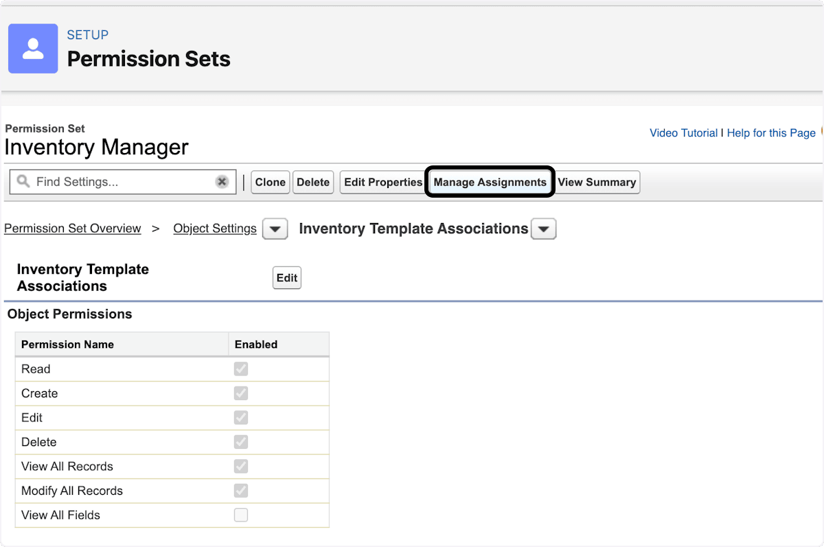 Manage Assignments action on the Inventory Manager permission set
