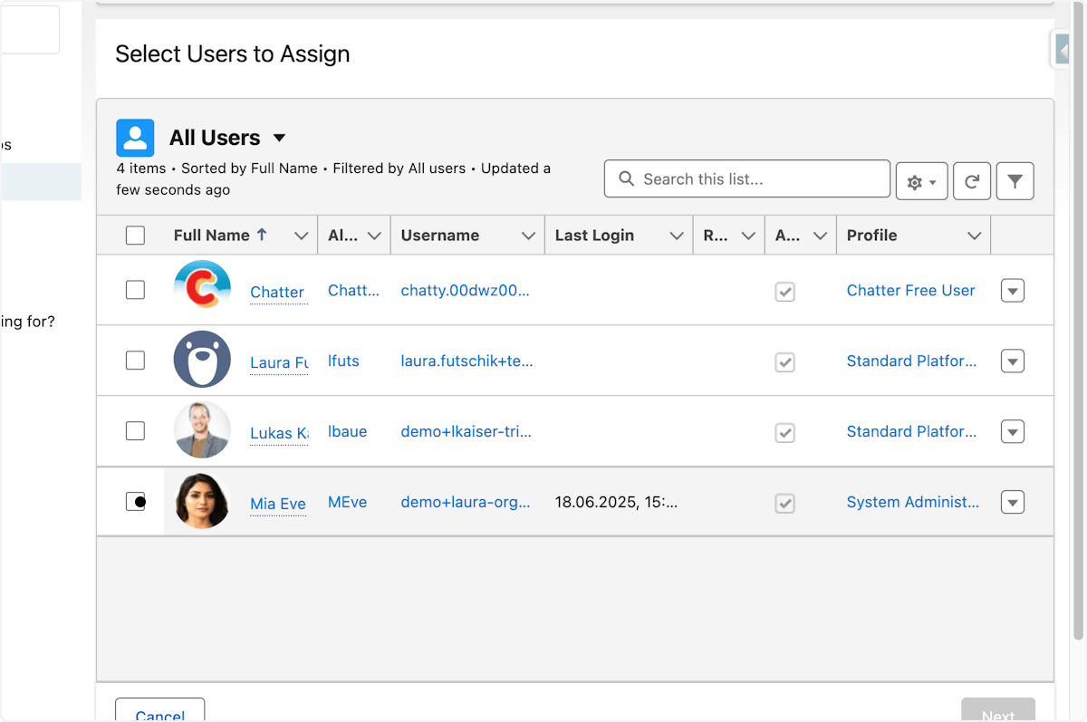 Users selected for the Inventory Manager permission set