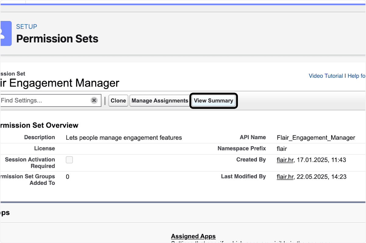 View Summary action on a permission set