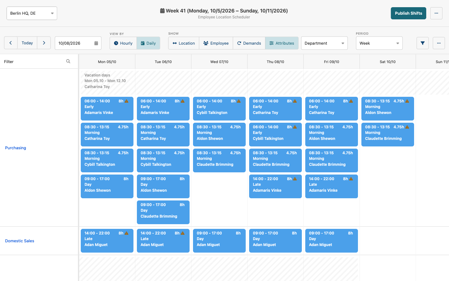 The planner grouped by department, with each team's shifts for the week