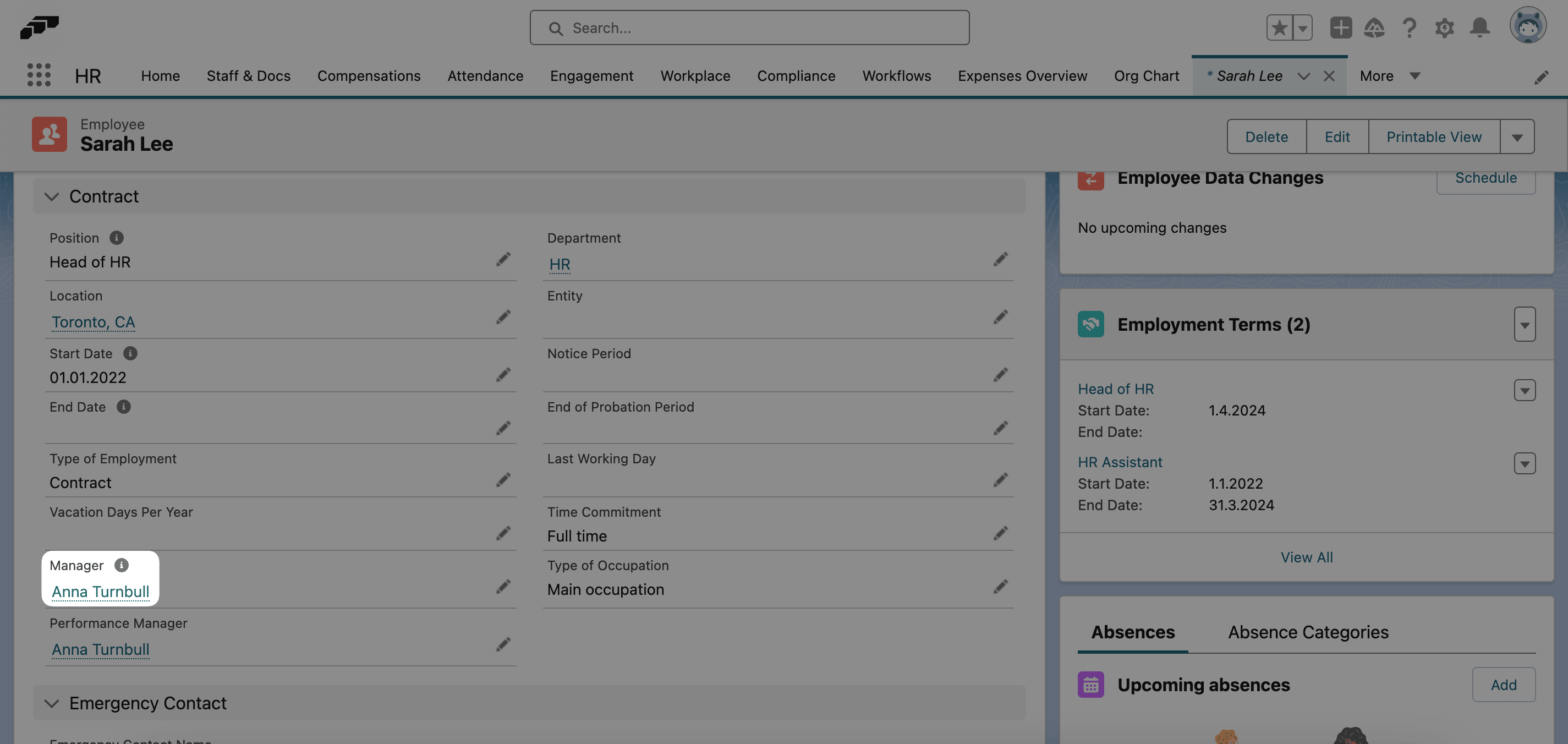Manager shown on an employee record