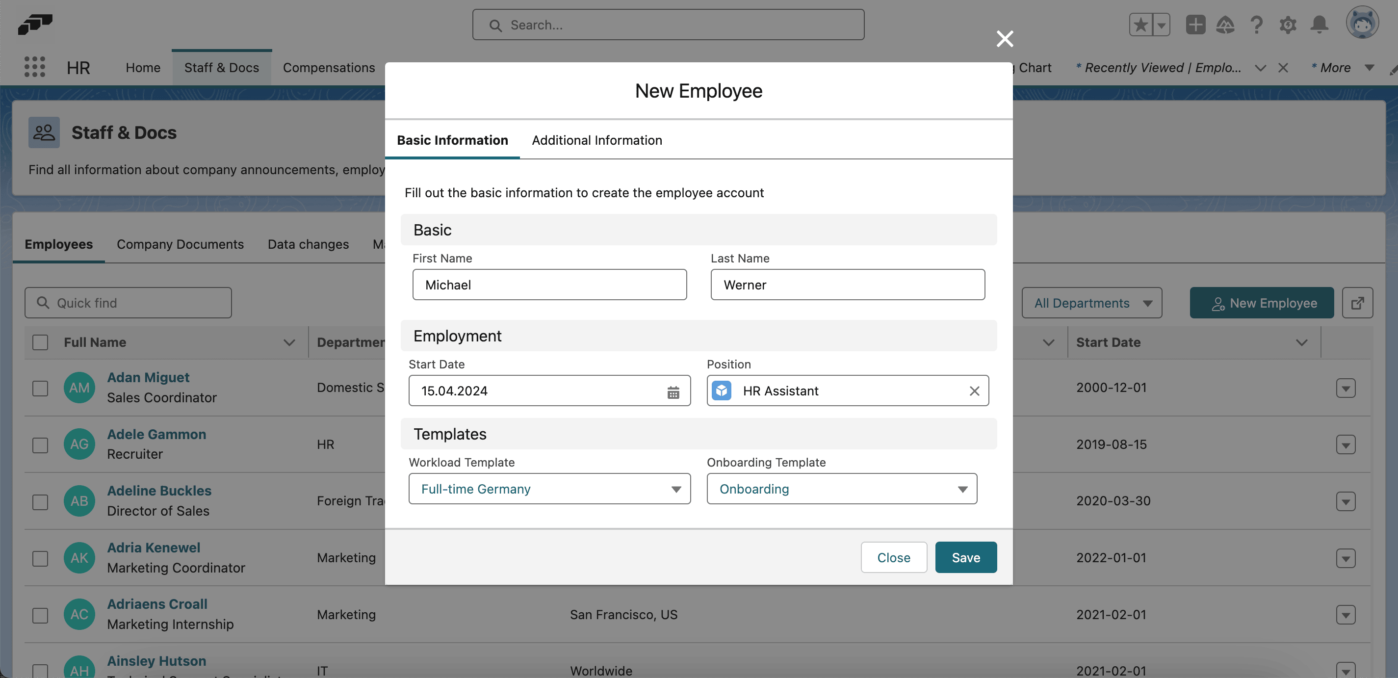 Basic and additional information on a new employee record