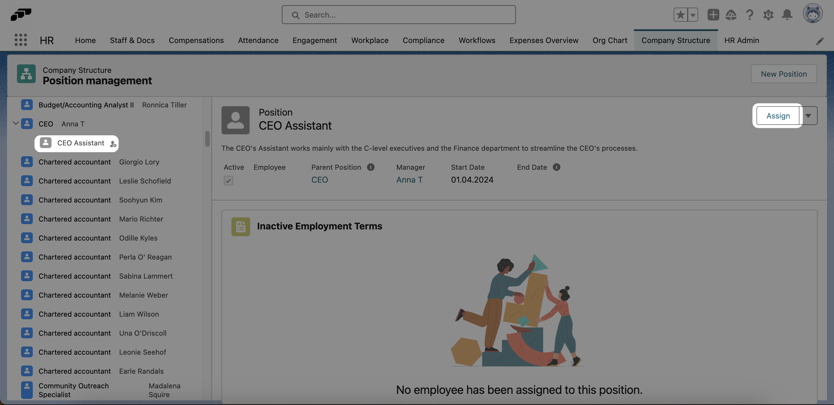Assigning a position to an employee on the Company Structure page