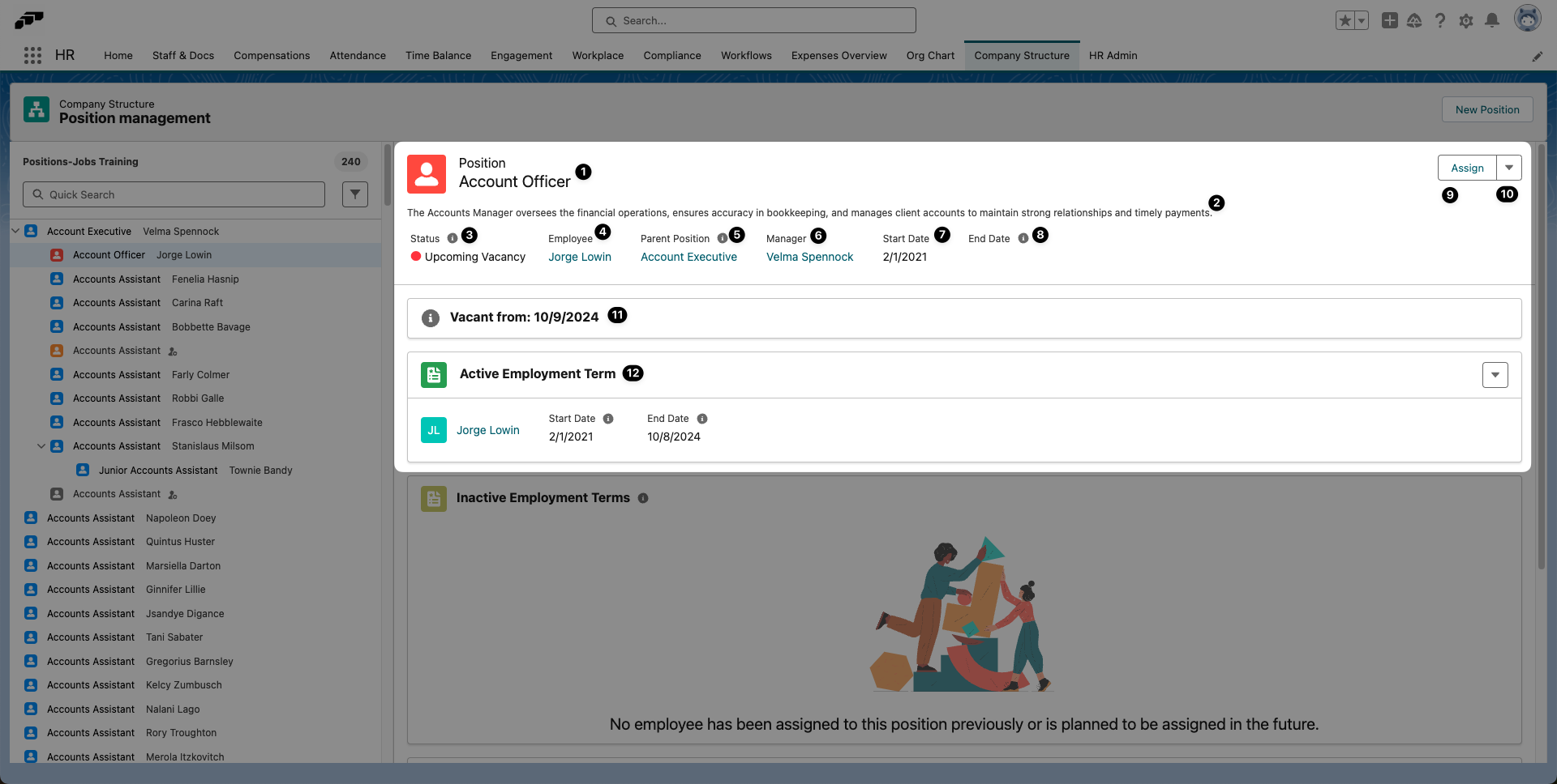 Viewing information about a position on the Company Structure page
