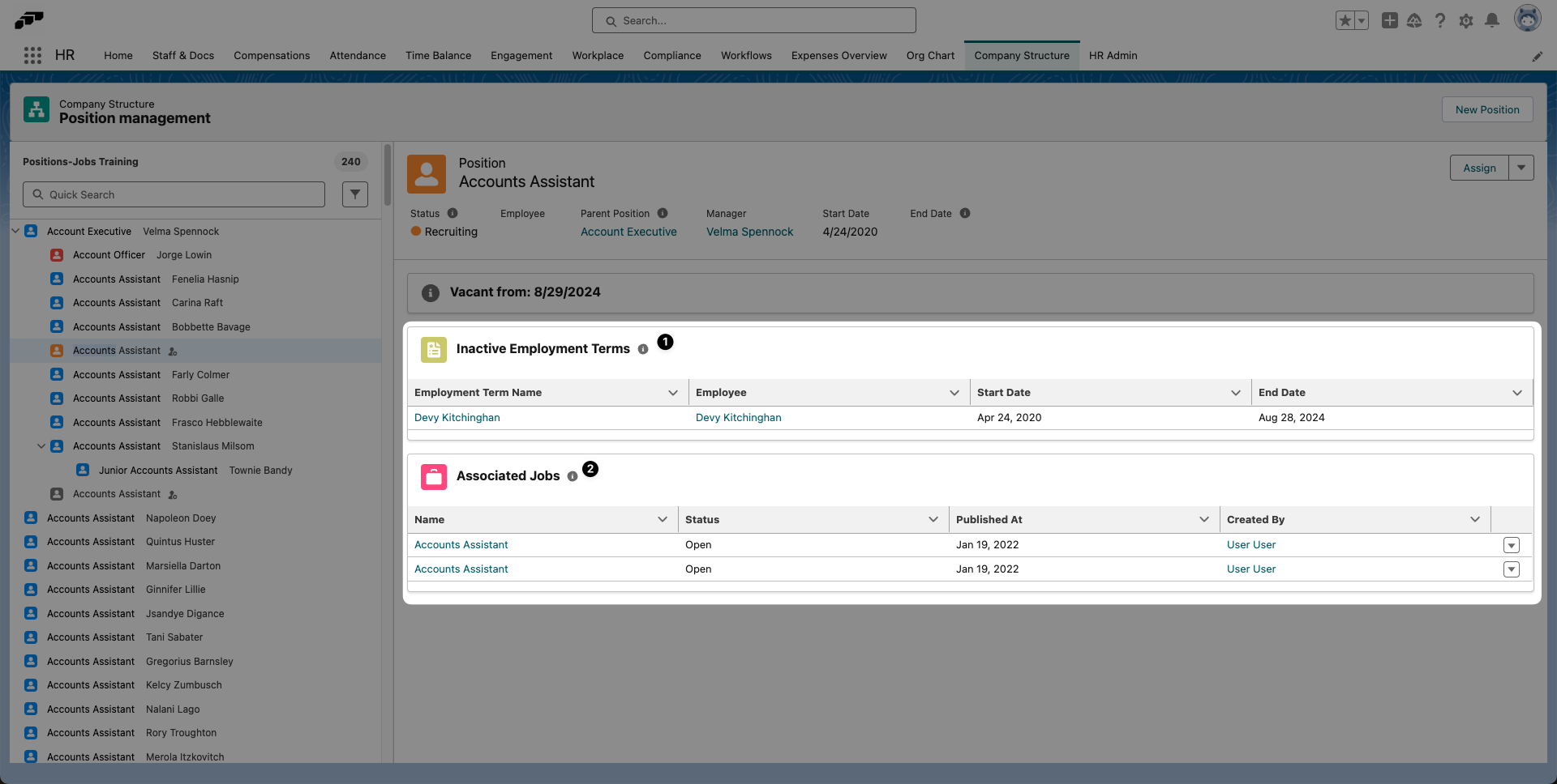 Inactive employment terms and associated jobs are also shown in the position detail view