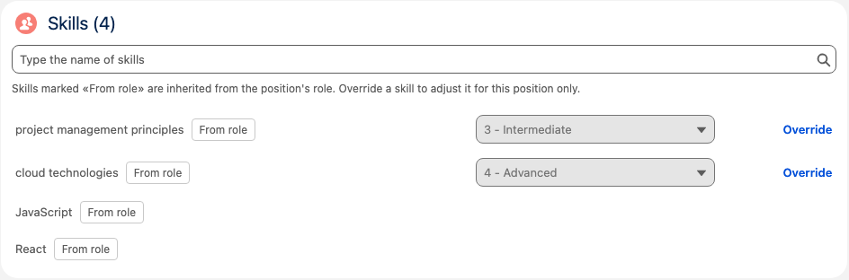 The Skills card on a Position with requirements marked From role, their inherited target levels, and the Override action