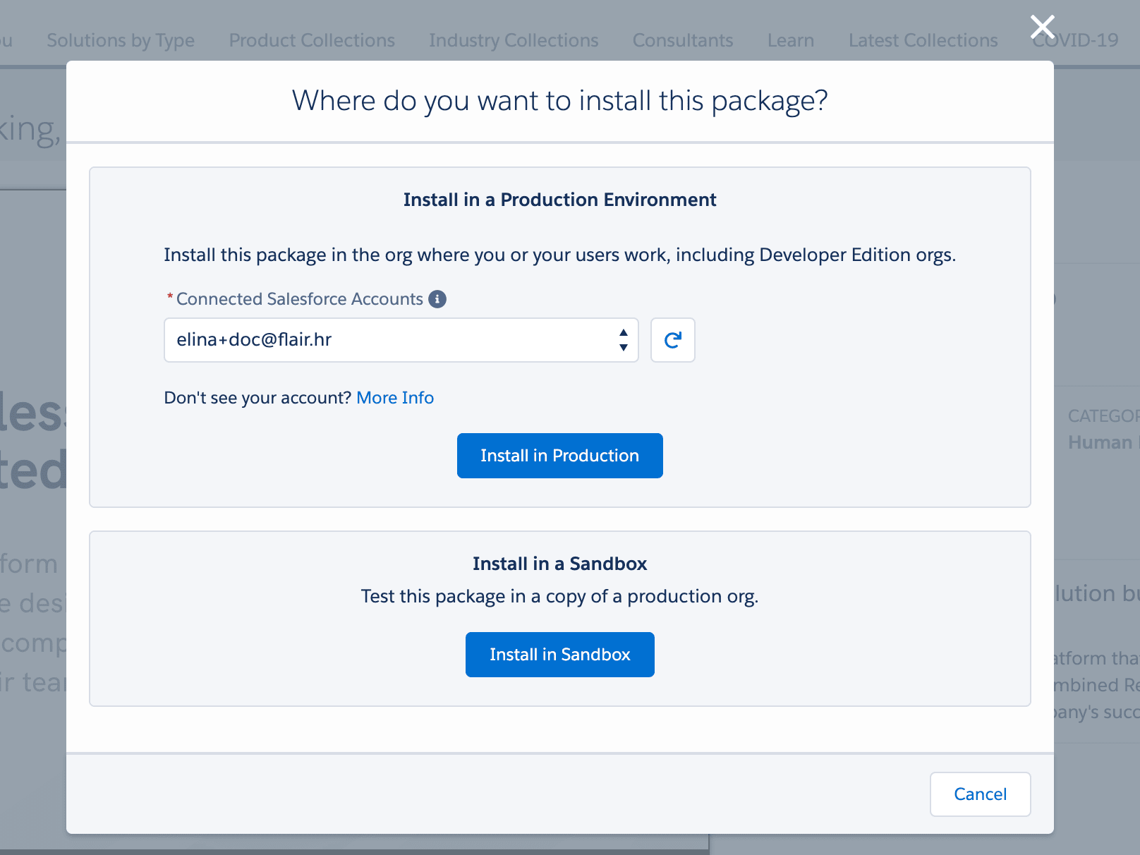 Production organization and Sandbox installation choices