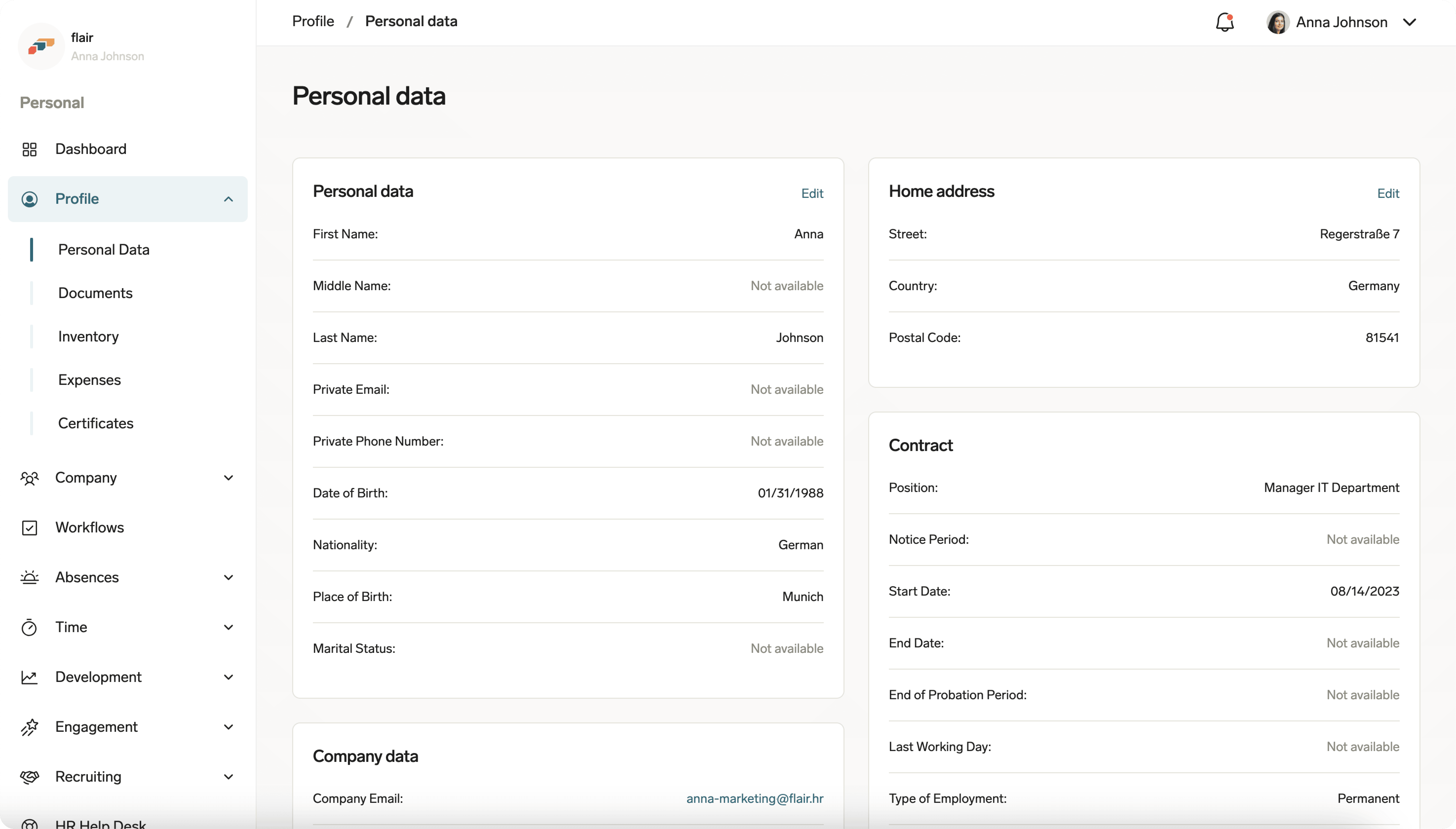 Personal data on an Employee Hub profile