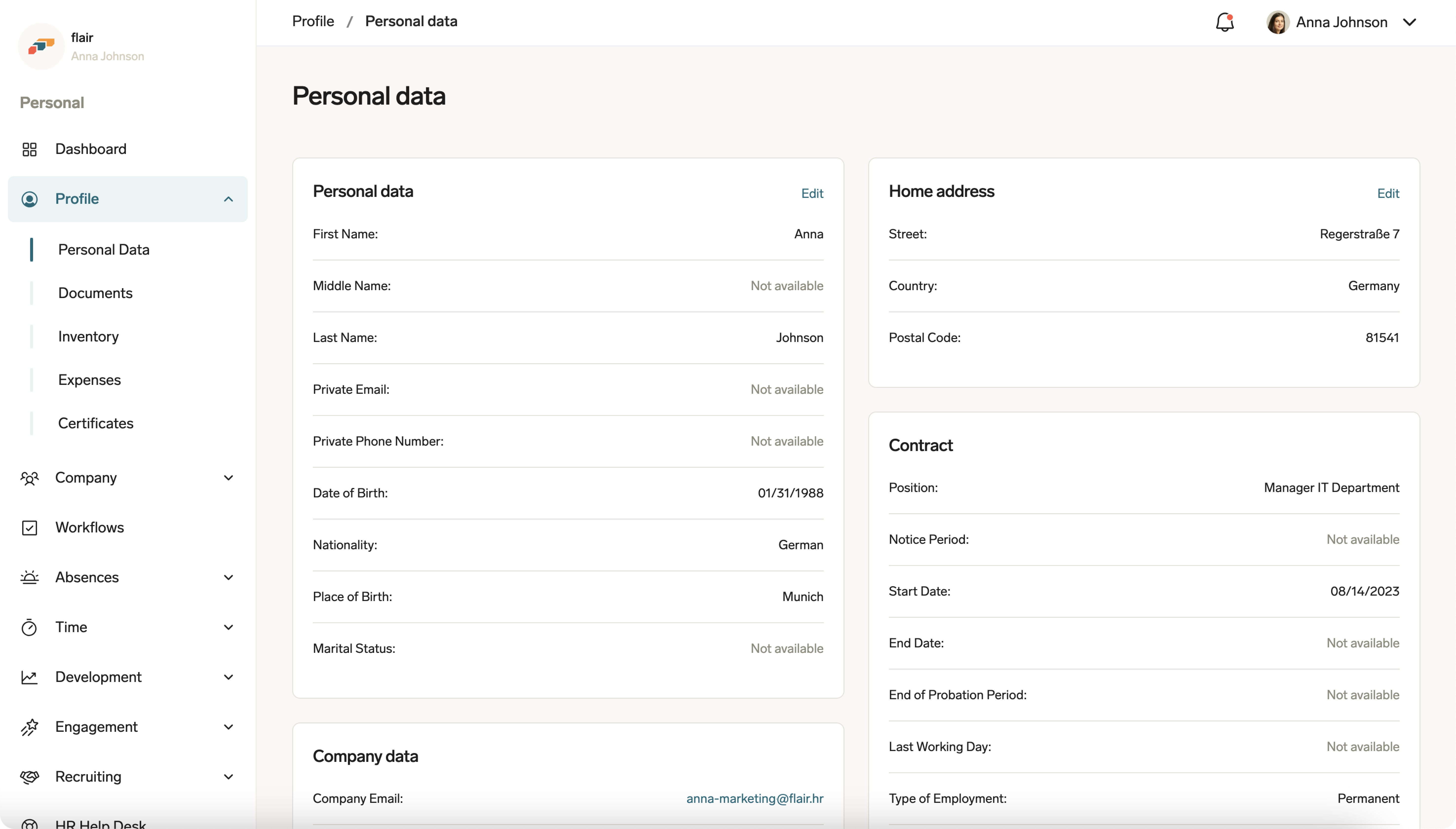 Example of an employee Profile in the Employee Hub