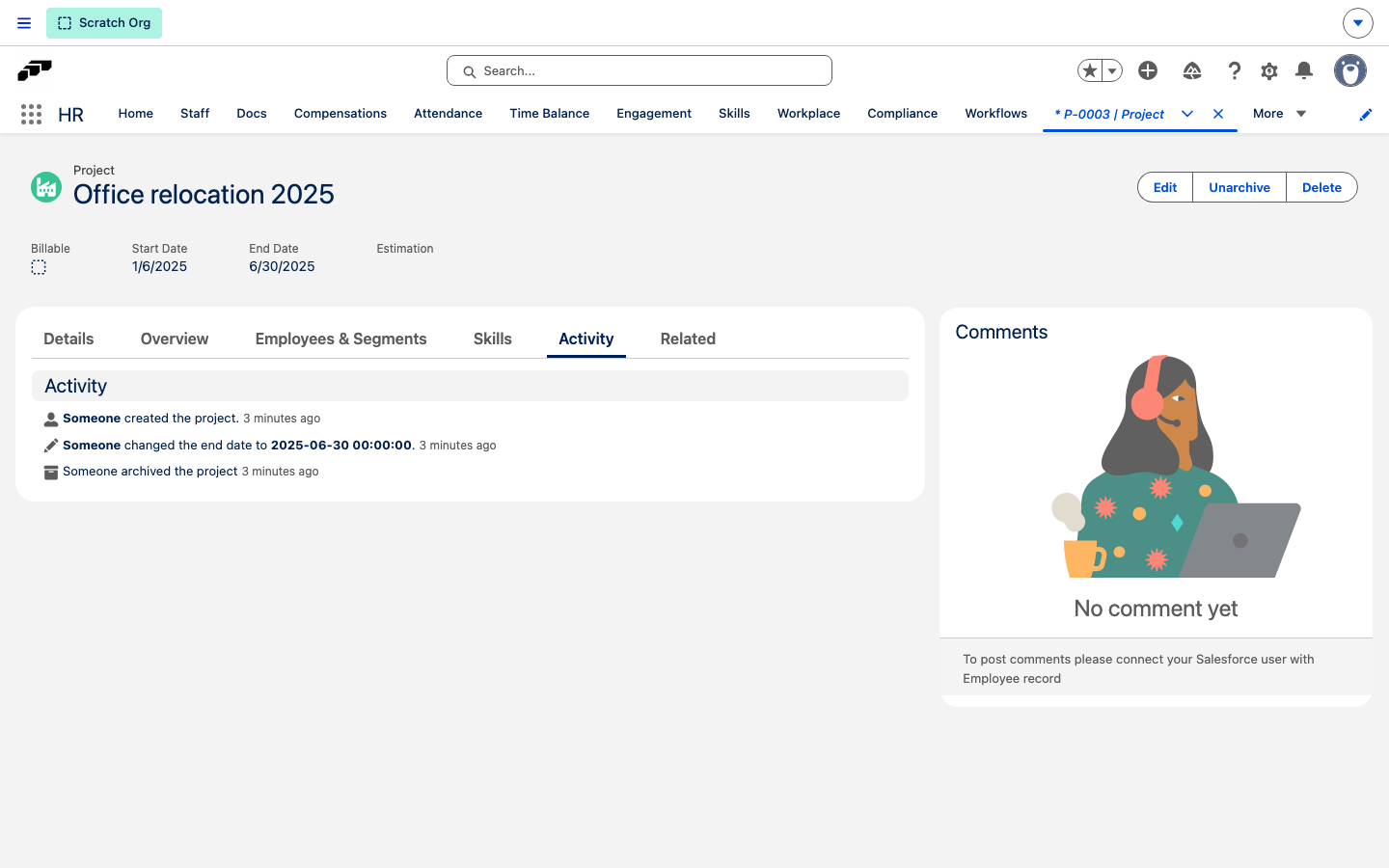 The Activity tab of a Project record, listing who created the project, set its end date, and archived it