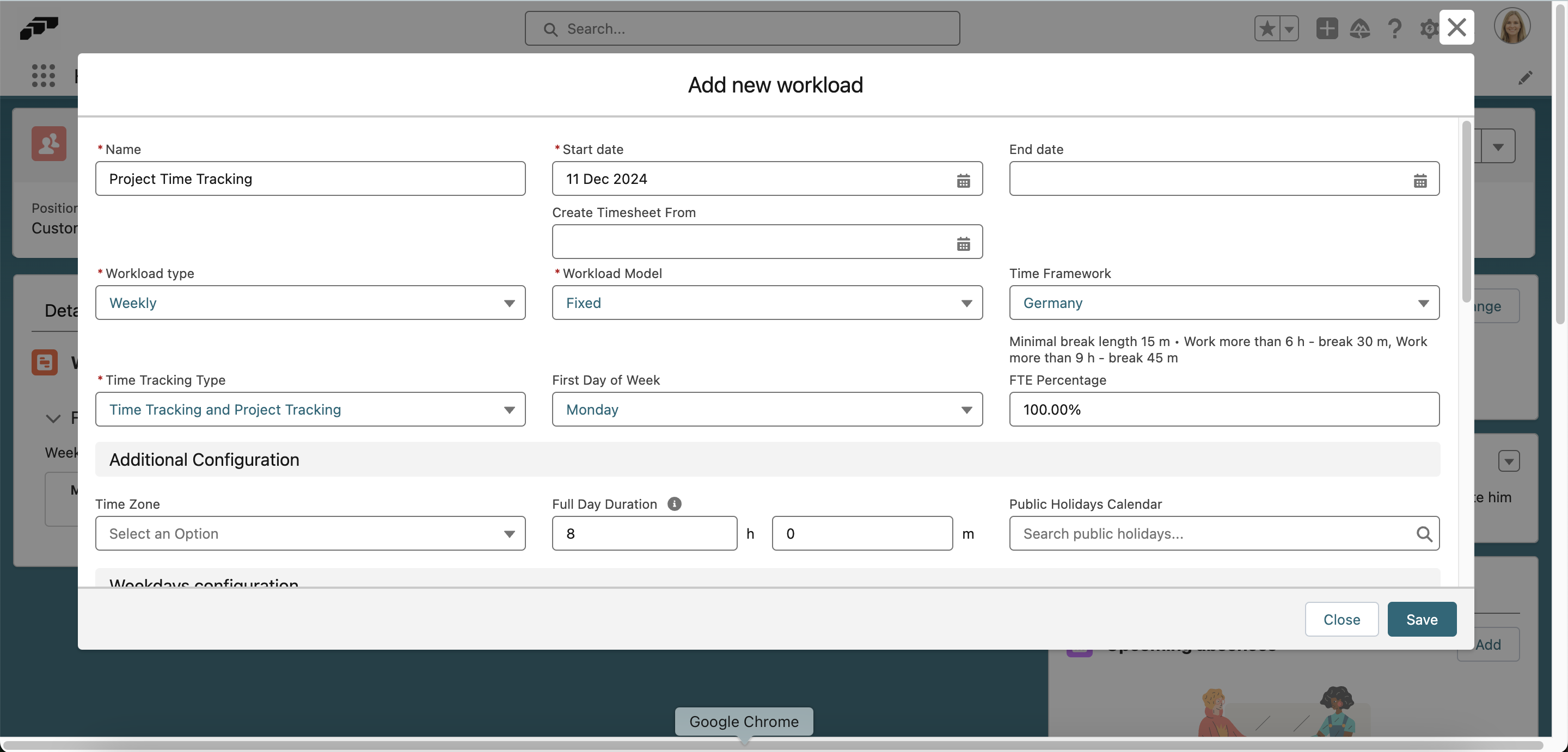 Make sure the new employee workload starts immediately after the previous one and choose the correct Time Tracking Type