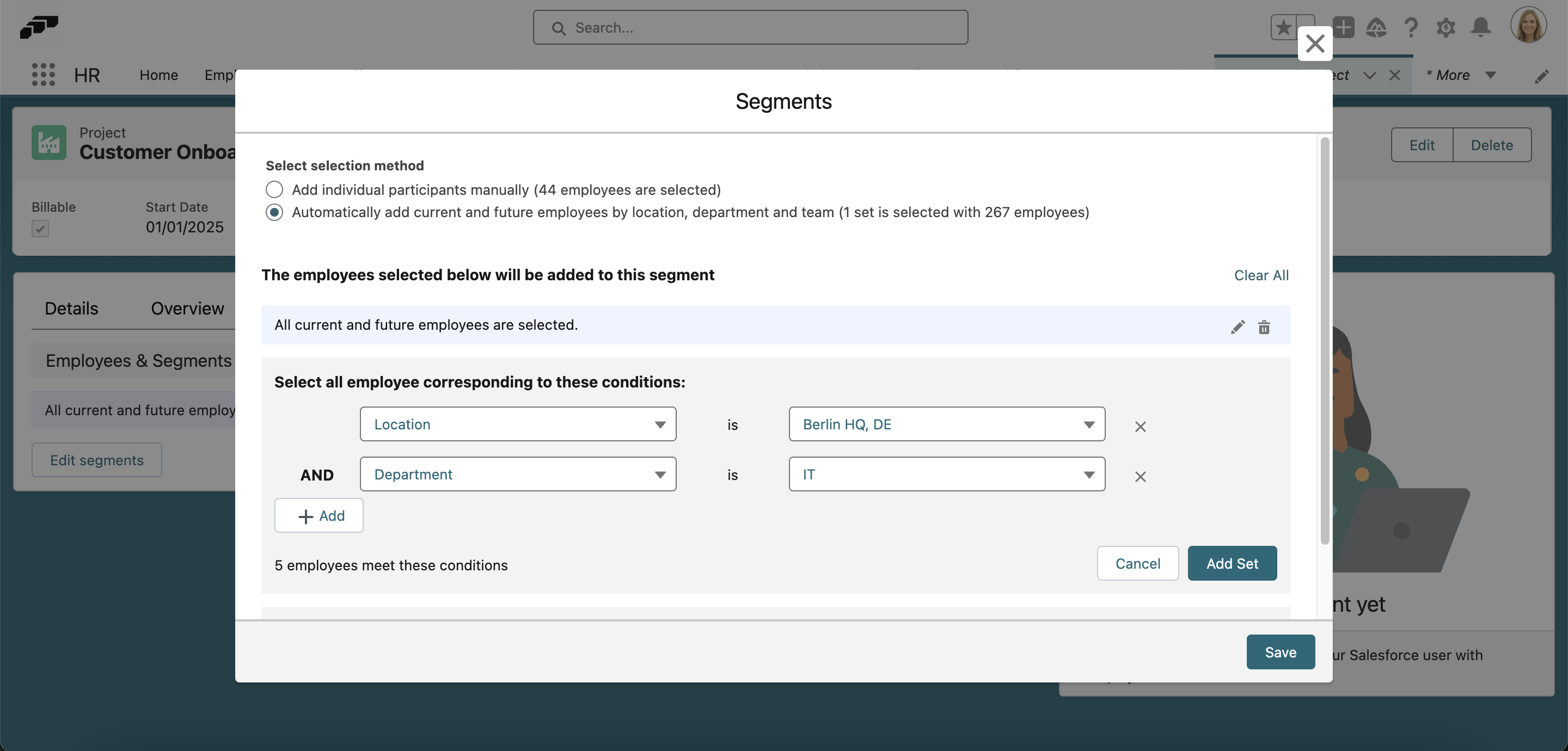 Create segments of employees to assign projects to
