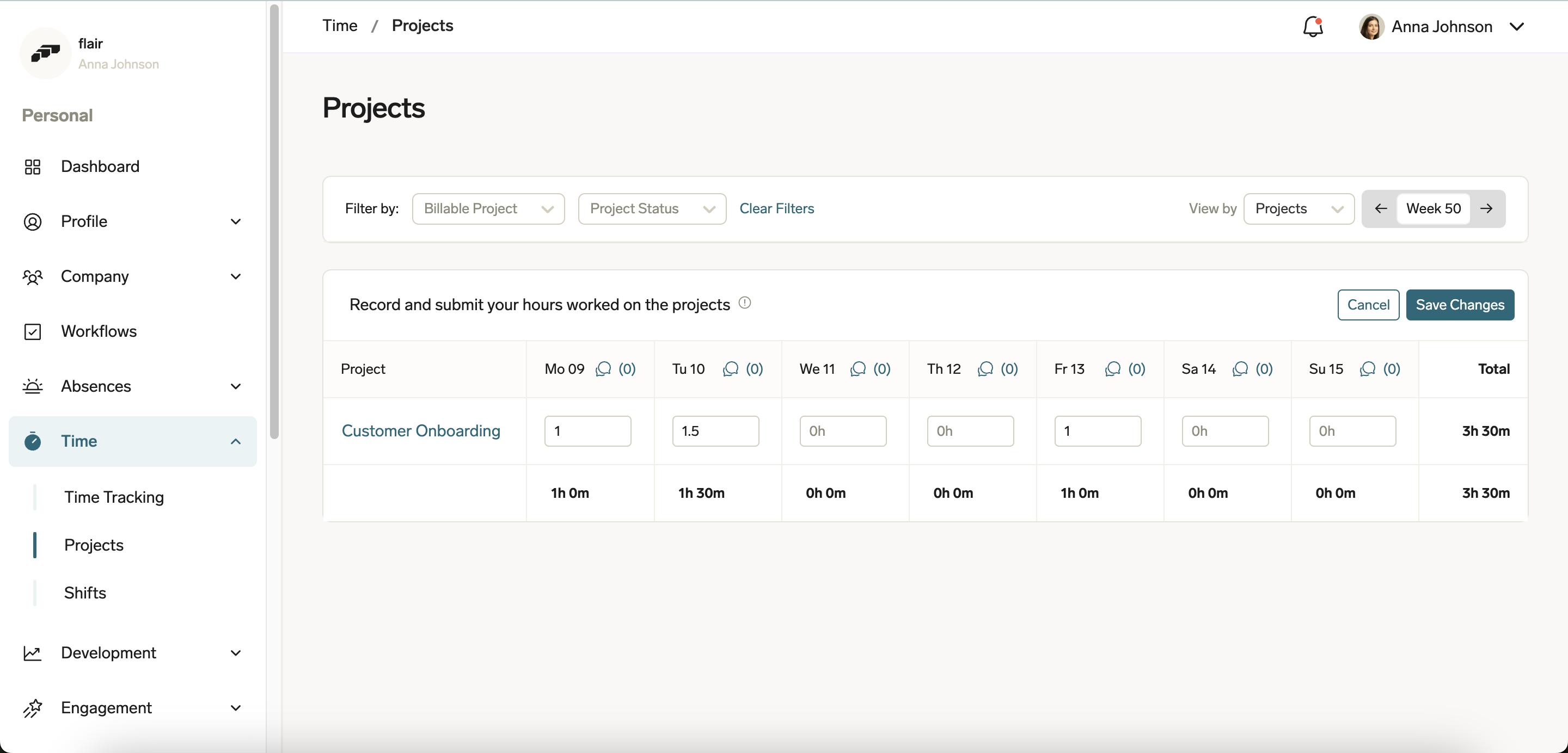 Project time tracking in the Employee Hub (view by projects)