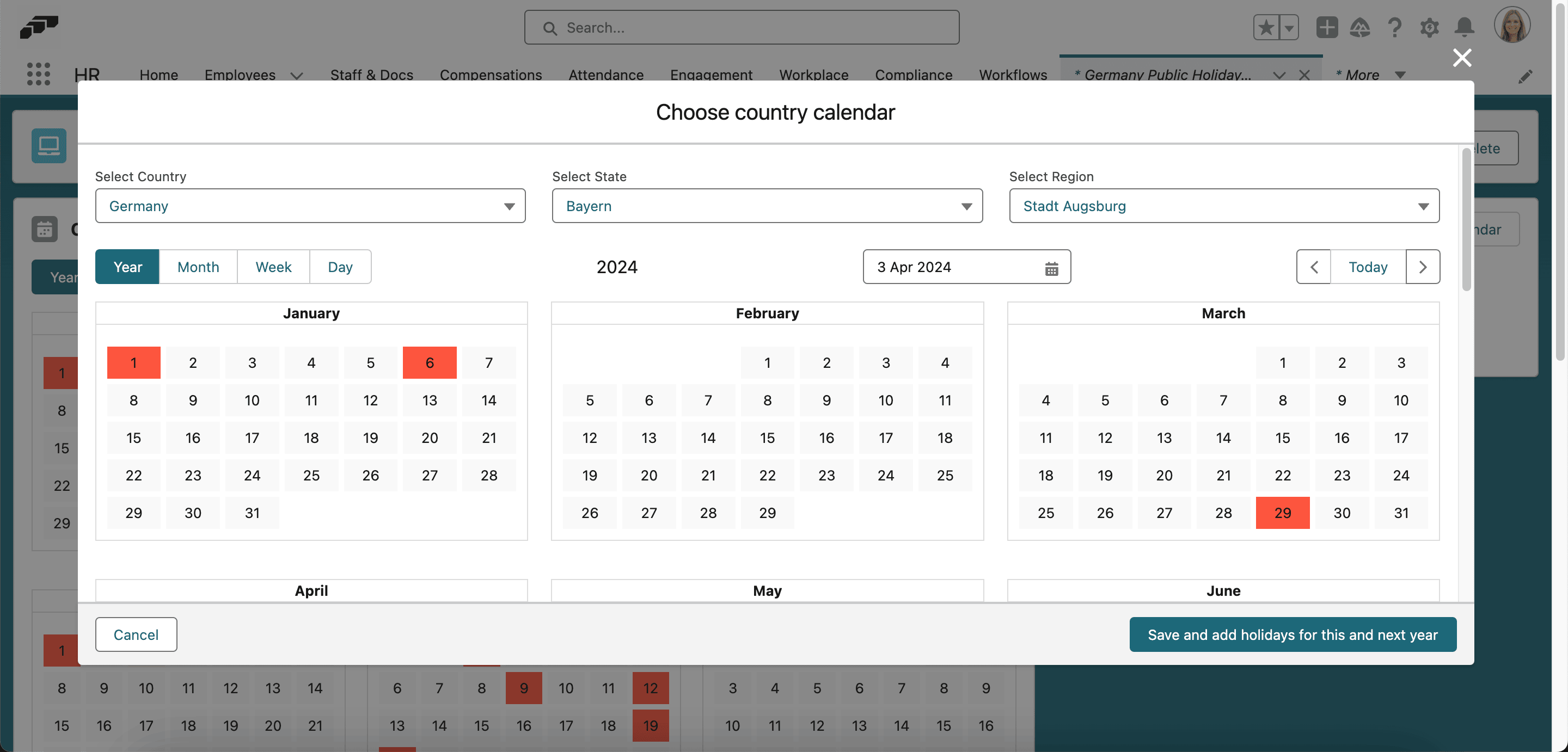 A country and region selected for automatic public-holiday import