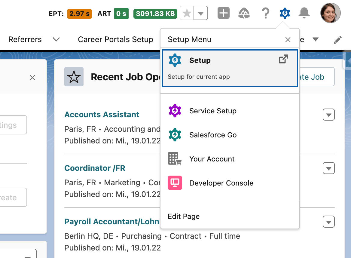 Salesforce Setup menu for Recruiting Document sharing