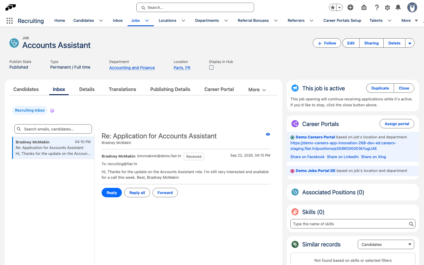 The Inbox tab on a Job record page, scoped to that job's candidates
