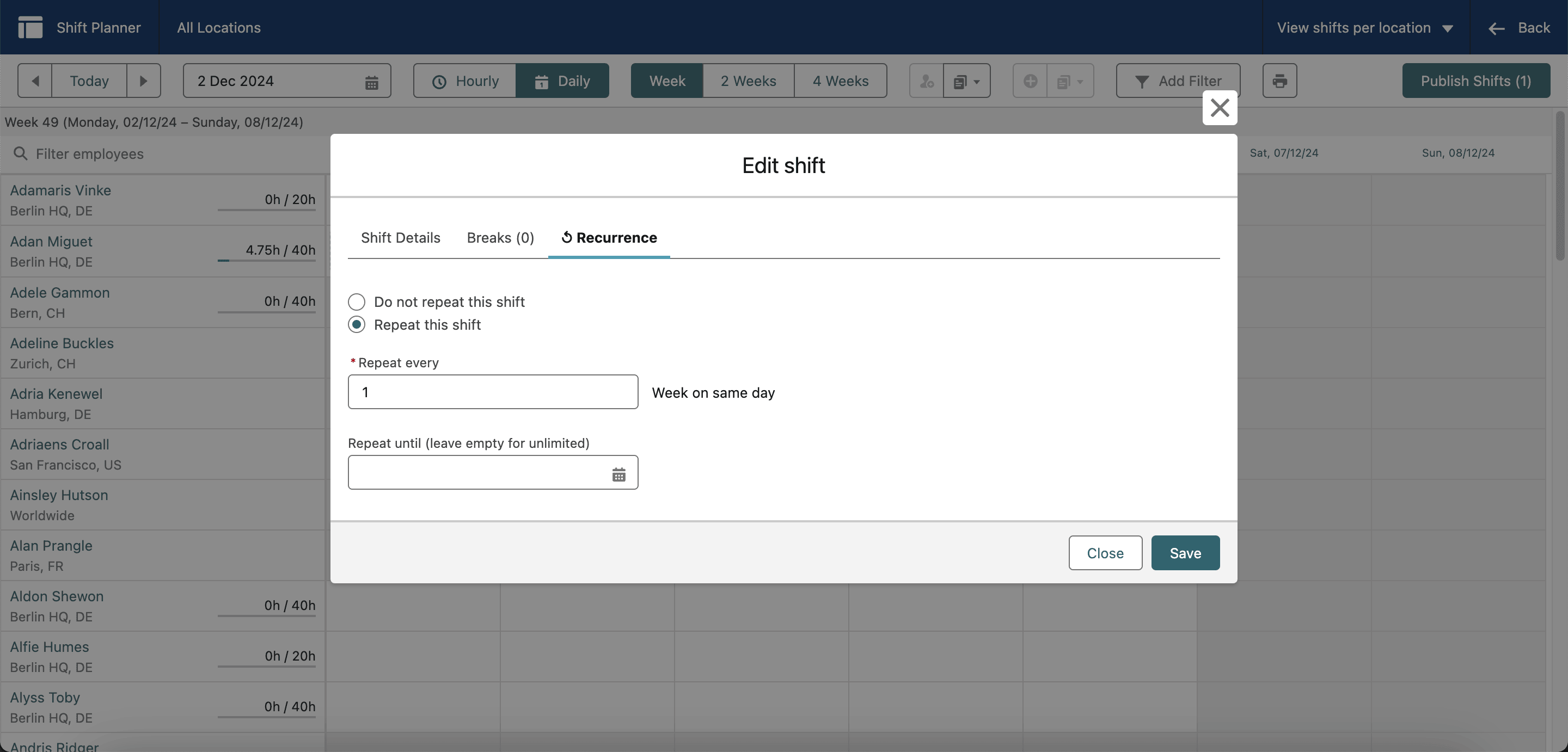 Recurrence settings for a shift