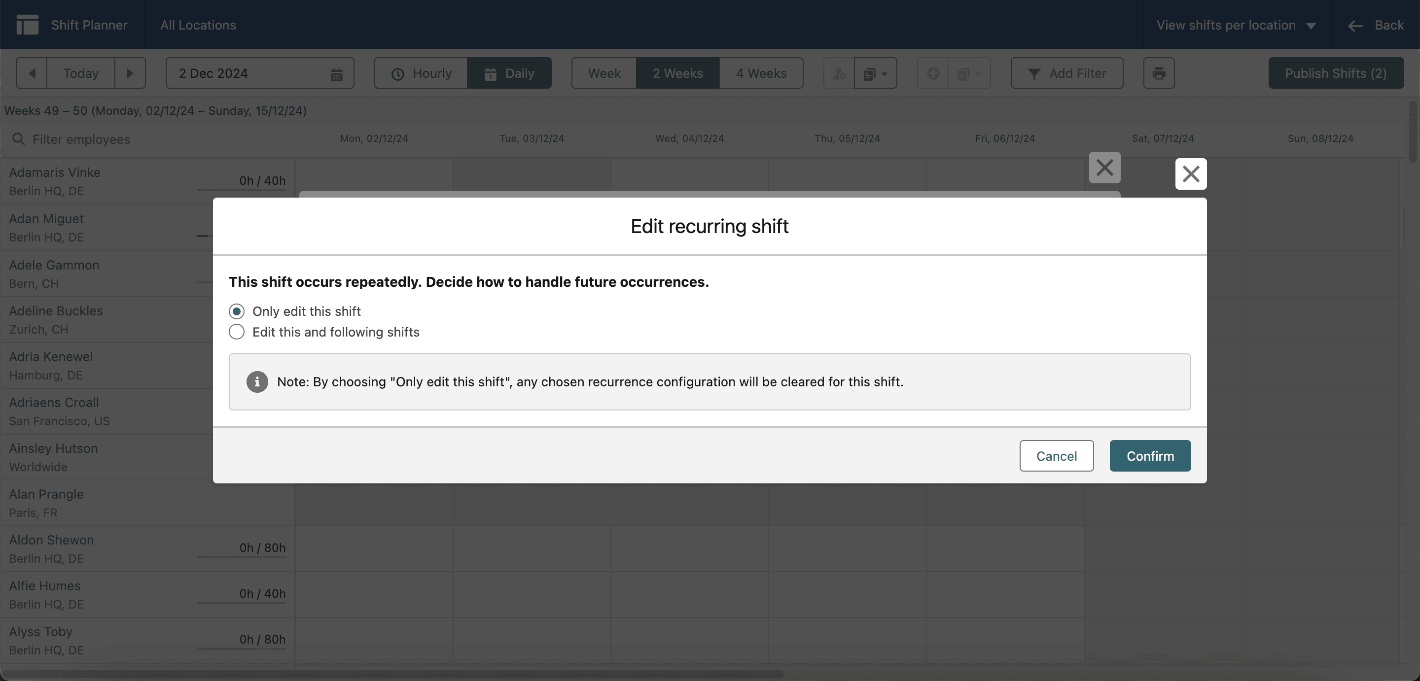 Options to change one recurring shift or all future shifts