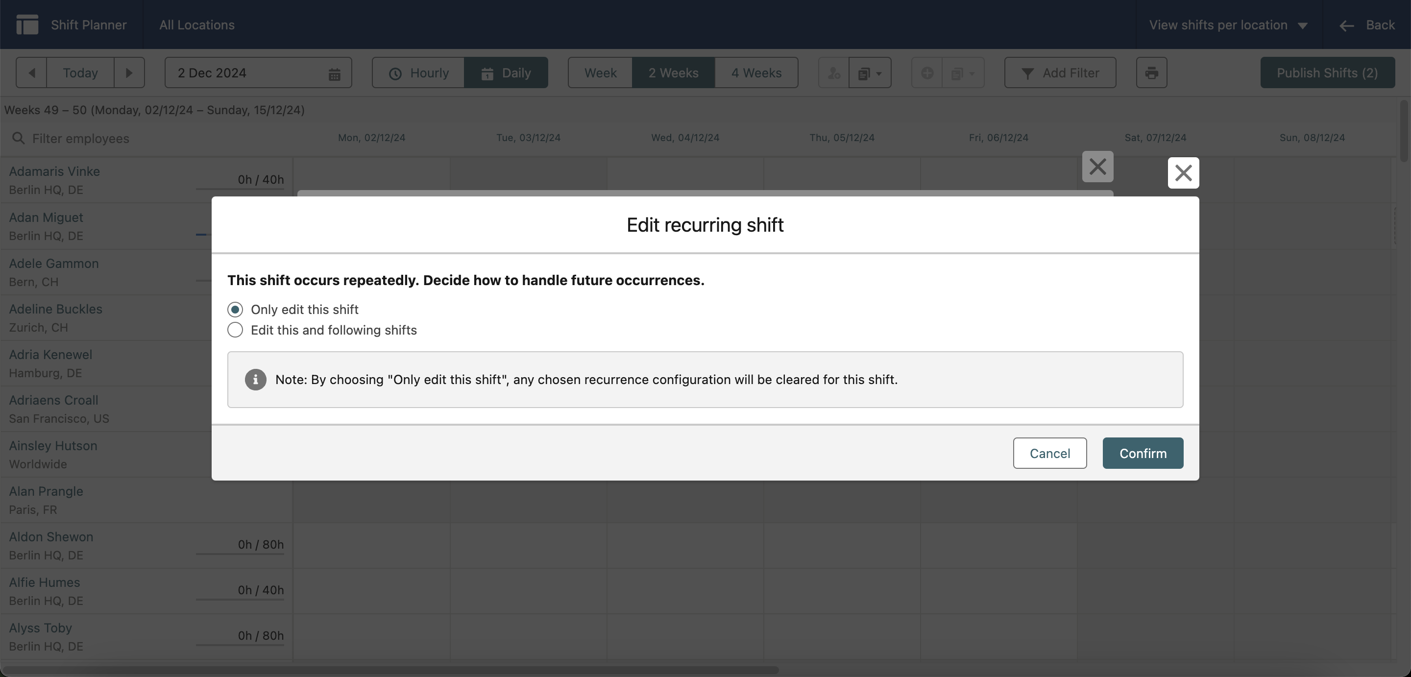 Choose whether to edit one shift or all future shifts