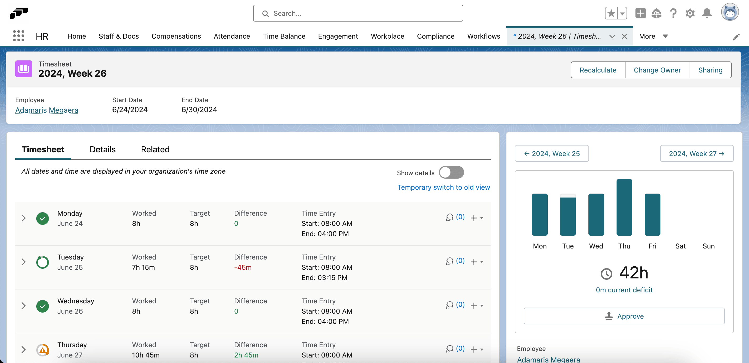 A timesheet open for review in Salesforce