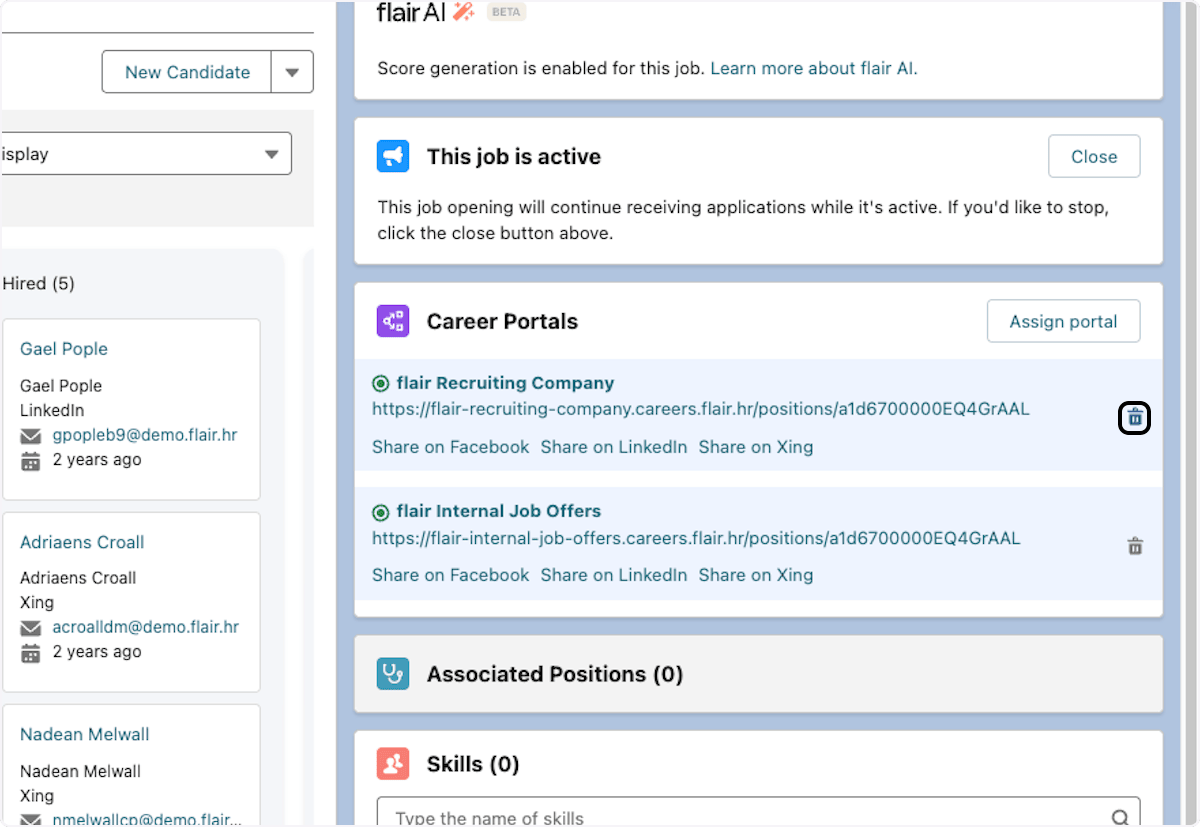 Remove jobs action in the Career Portal component