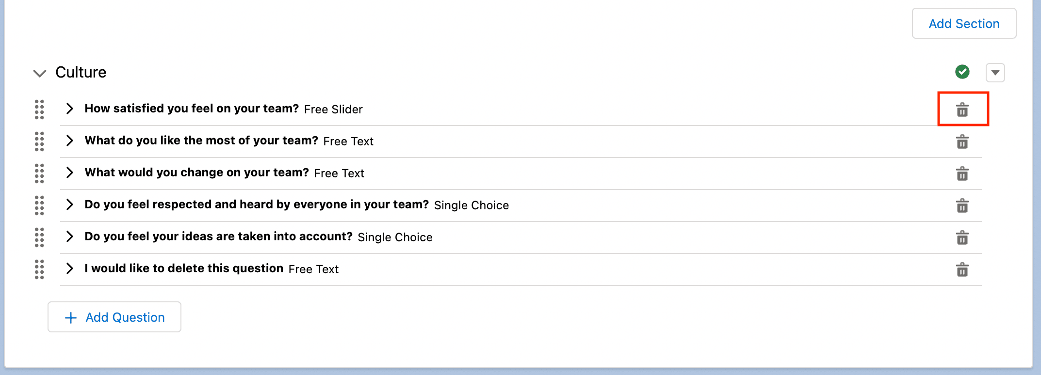 Delete action for a Performance Review question