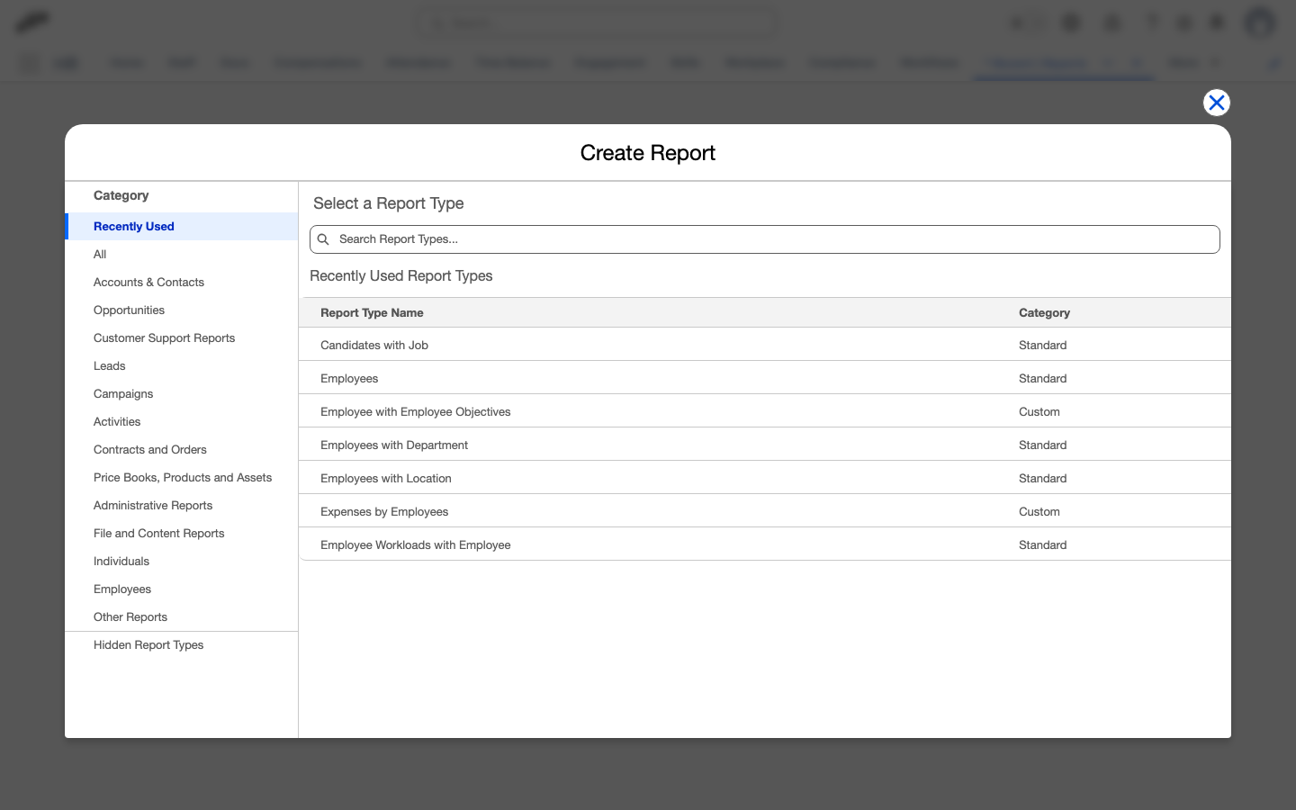 Create Report dialog showing available report types in Salesforce