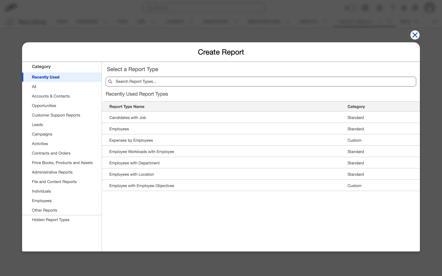 Create Report dialog showing available report types in Salesforce