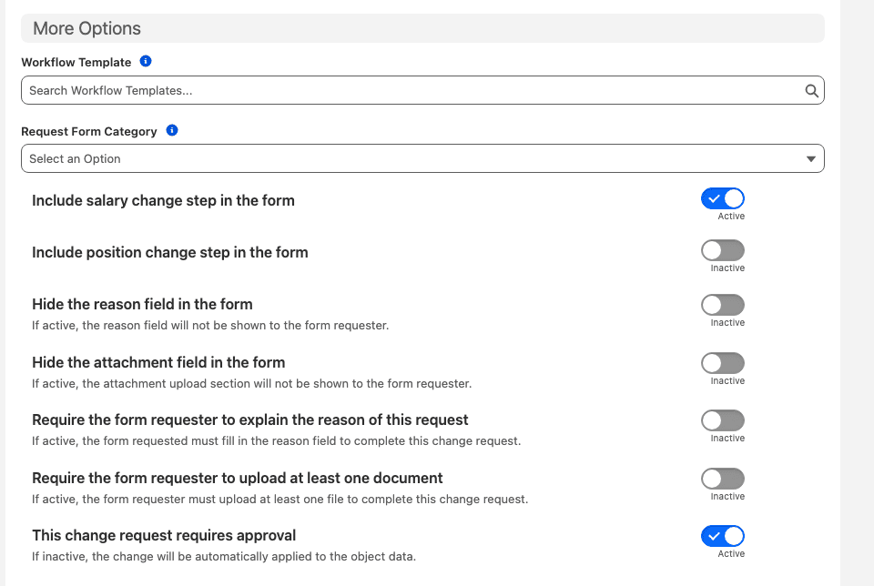 More Options section of a Request Form, showing the Request Form Category picker and the reason, attachment and approval toggles