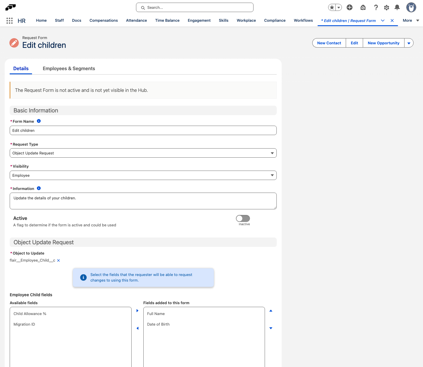 A request form of type Object Update Request with the Employee Child object and the fields added to the form
