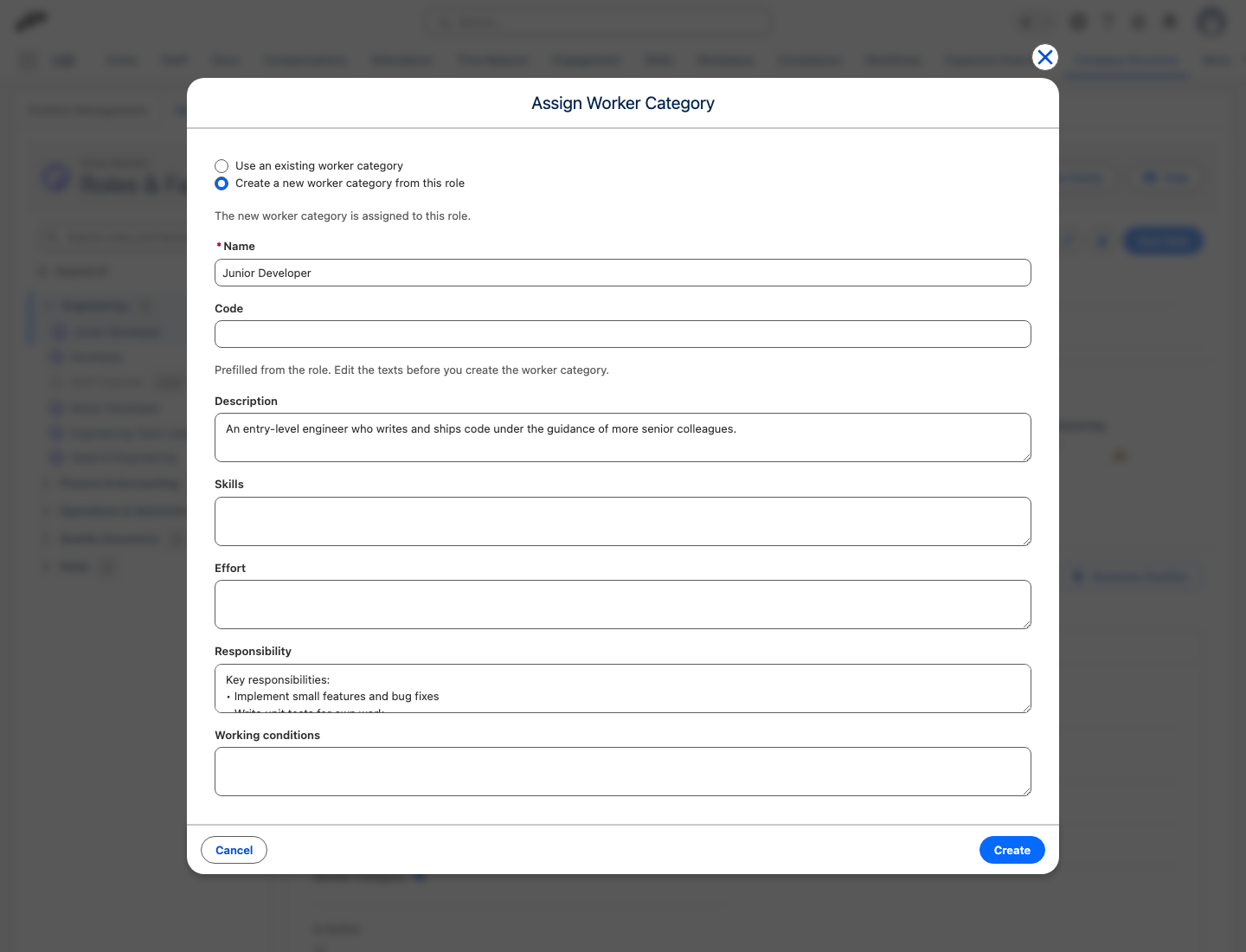 The Assign Worker Category modal with the option to create a new worker category from the role and its texts prefilled