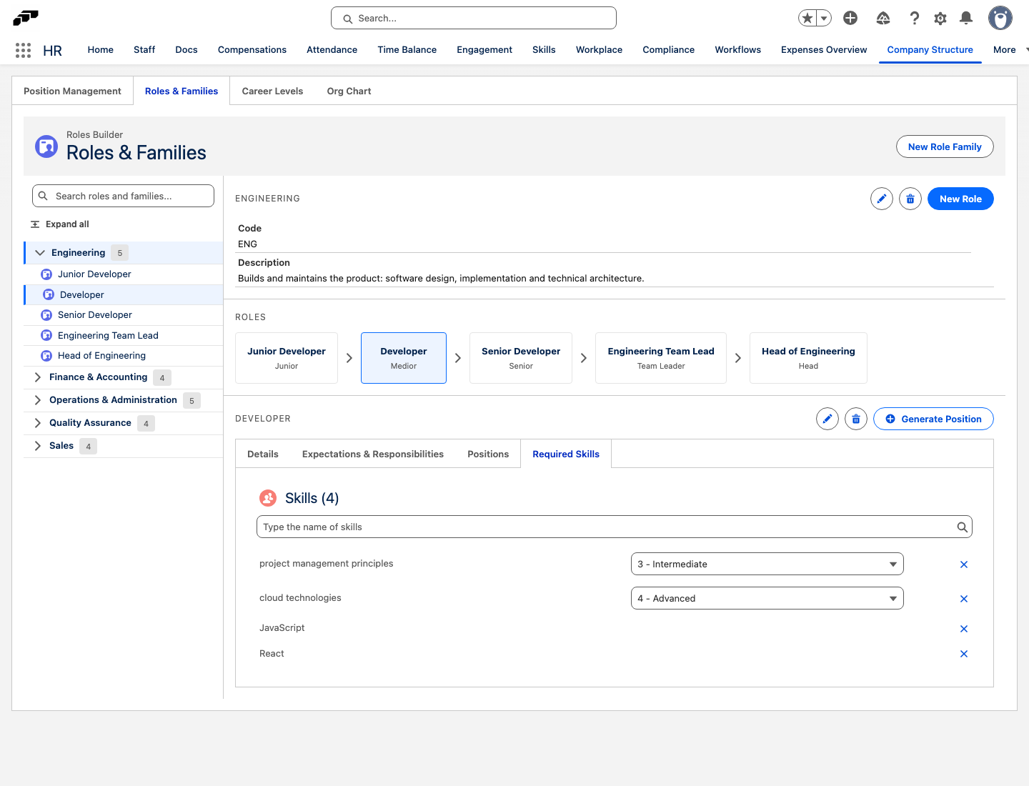 The Required Skills tab of the Developer role in Roles & Families, with the Skills card search field and target levels set for rateable skills