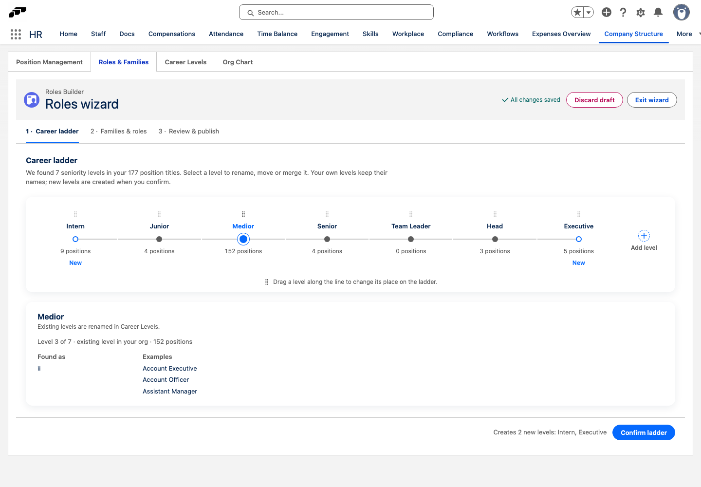The Career ladder step of the roles wizard, showing the levels found in the position titles on one line and the Confirm ladder button