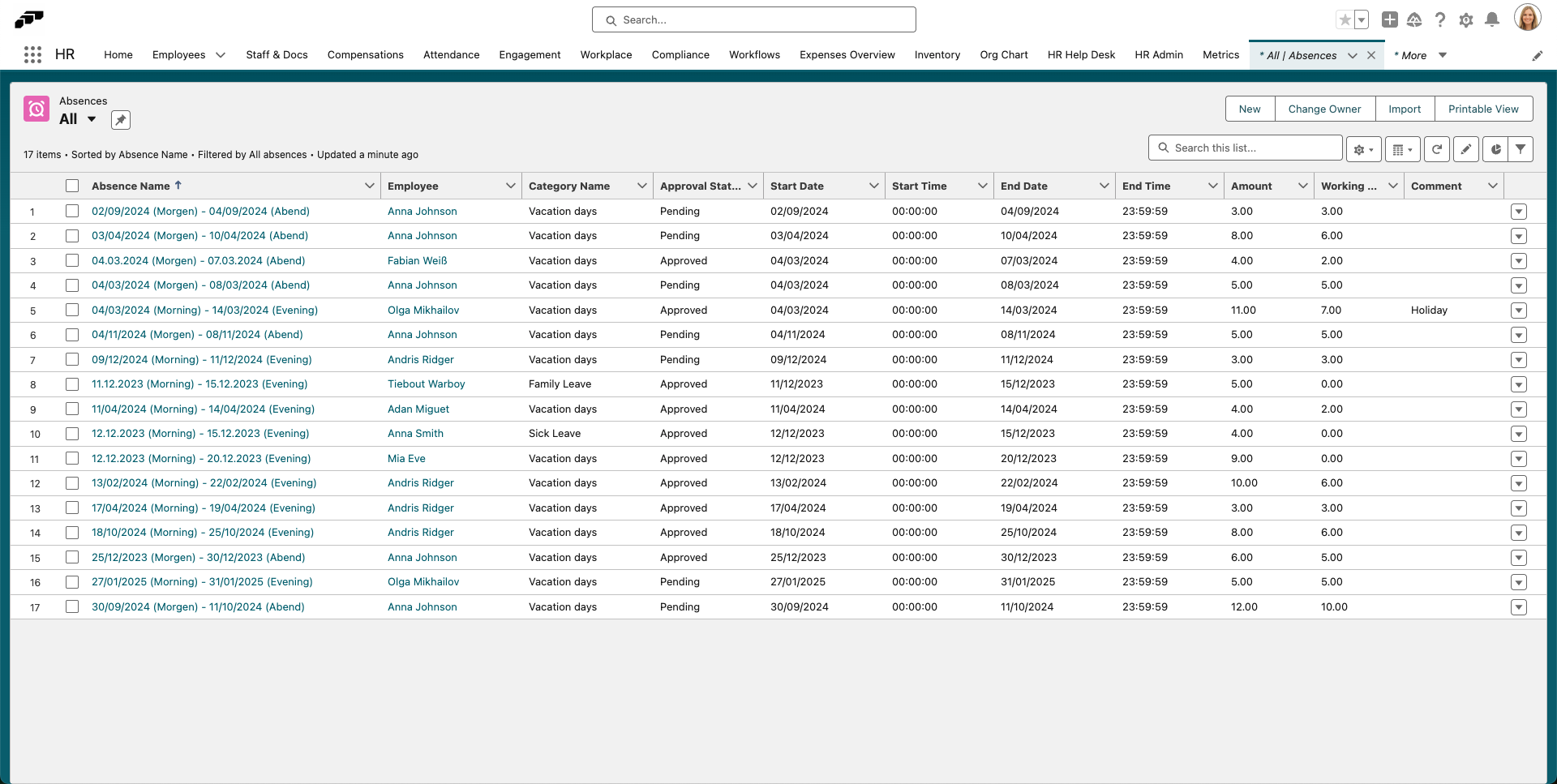 View all employee absences in Salesforce